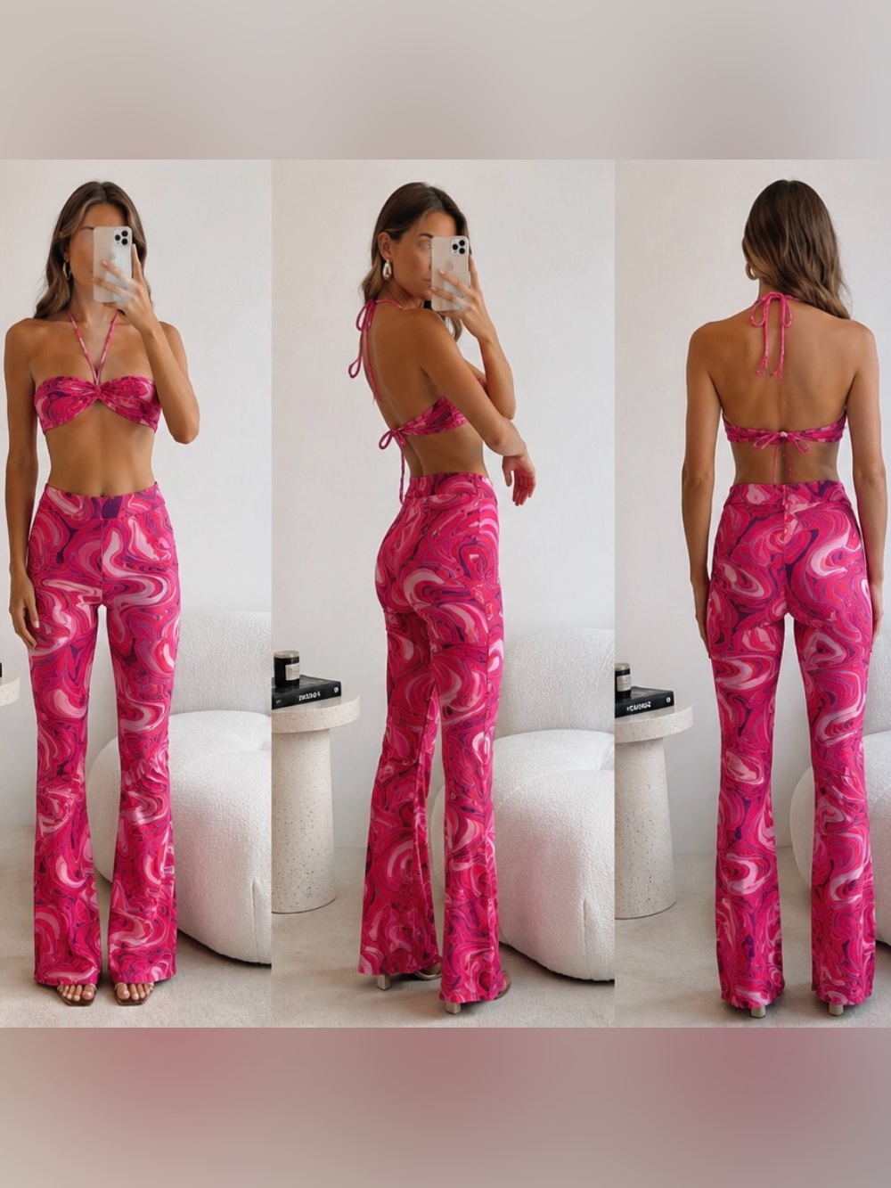 Princess Polly Pink Swirl Halter & Flare Pants CoOrd Y2K Retro Raver Set Size 4